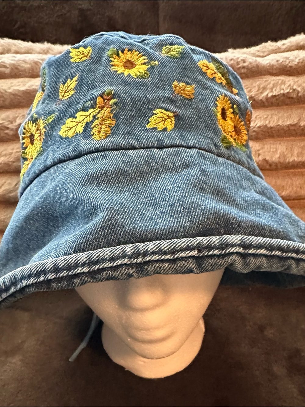 Denim Sunflower Embroidered Bucket Hat - Blue